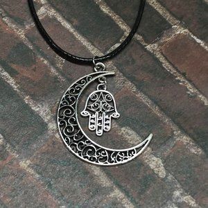 Filigree Crescent Moon Hamsa Hand Necklace Hindu